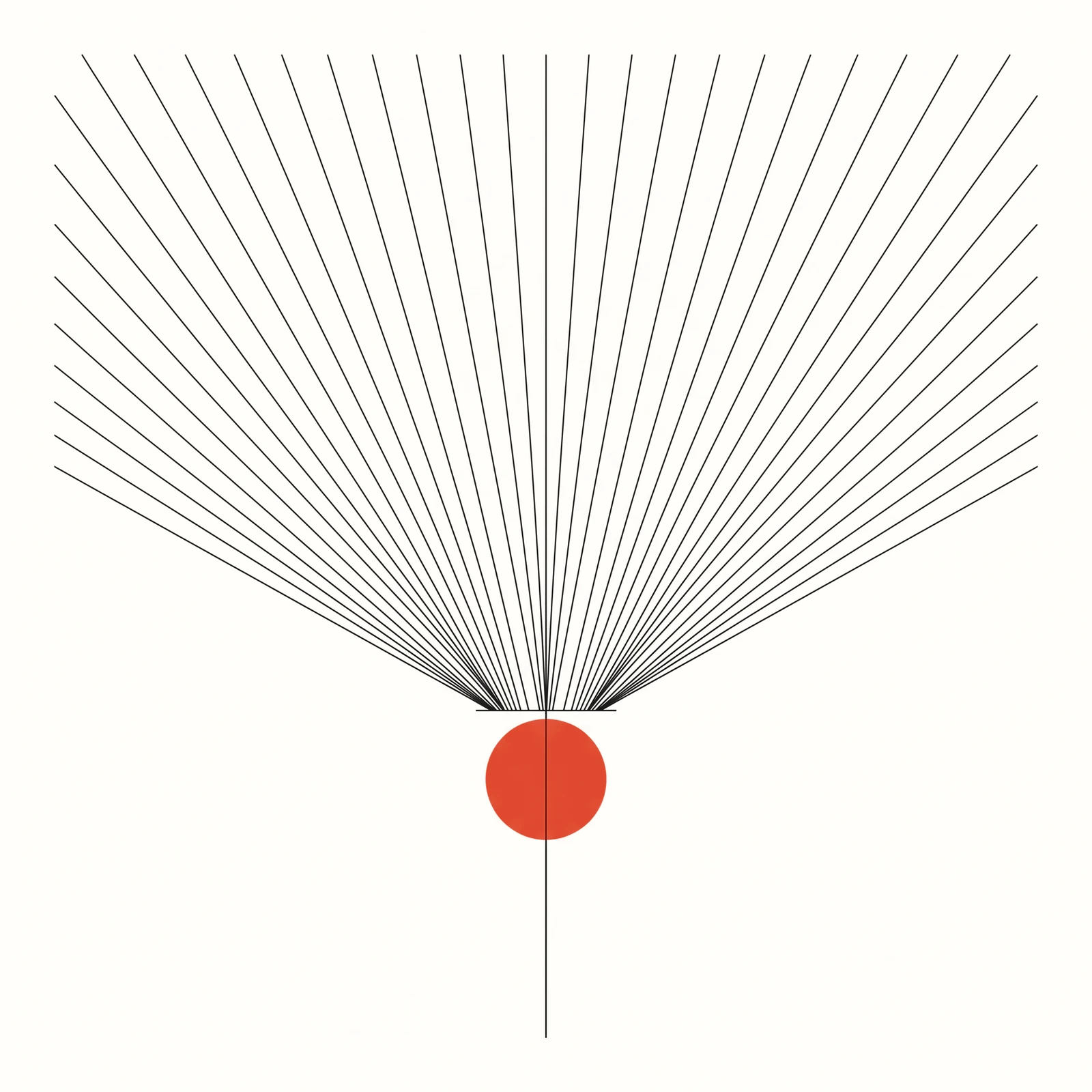 Many lines fan in from every angle above and converge through one narrow slot, leaving as a single line marked with a dot.