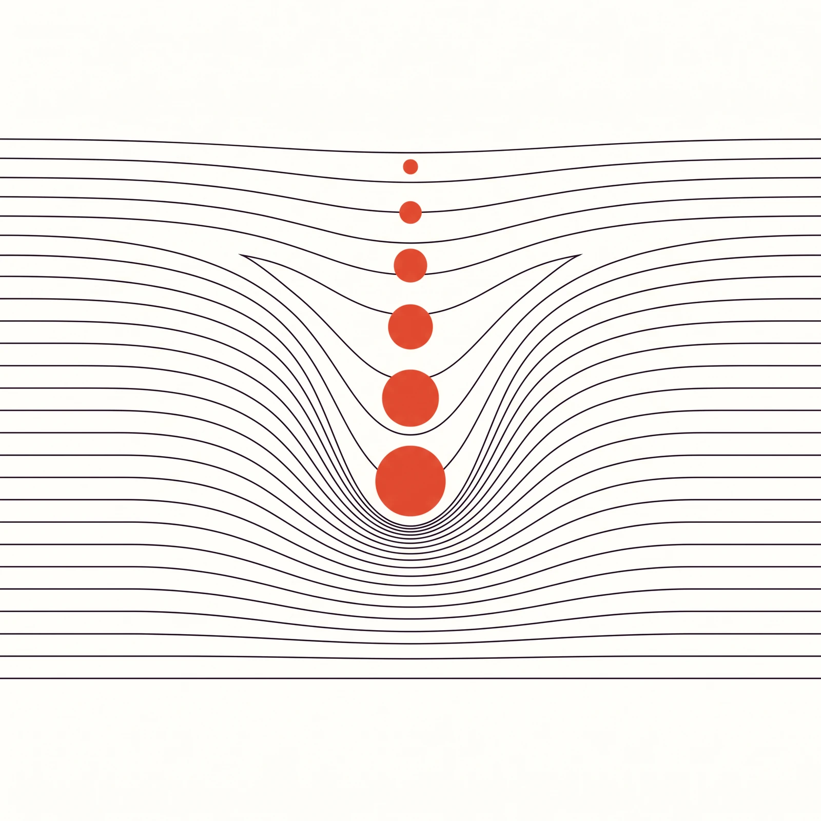 A field of horizontal lines pulled down into one deep symmetrical well, with a column of dots descending into it, growing larger with depth.