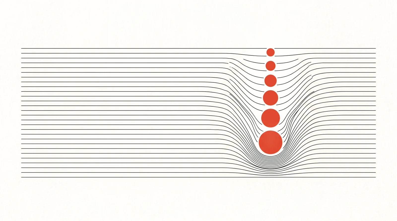 A field of evenly spaced horizontal lines, calm across the left, drawn down into a single deep well on the right where a descending row of dots grows larger.