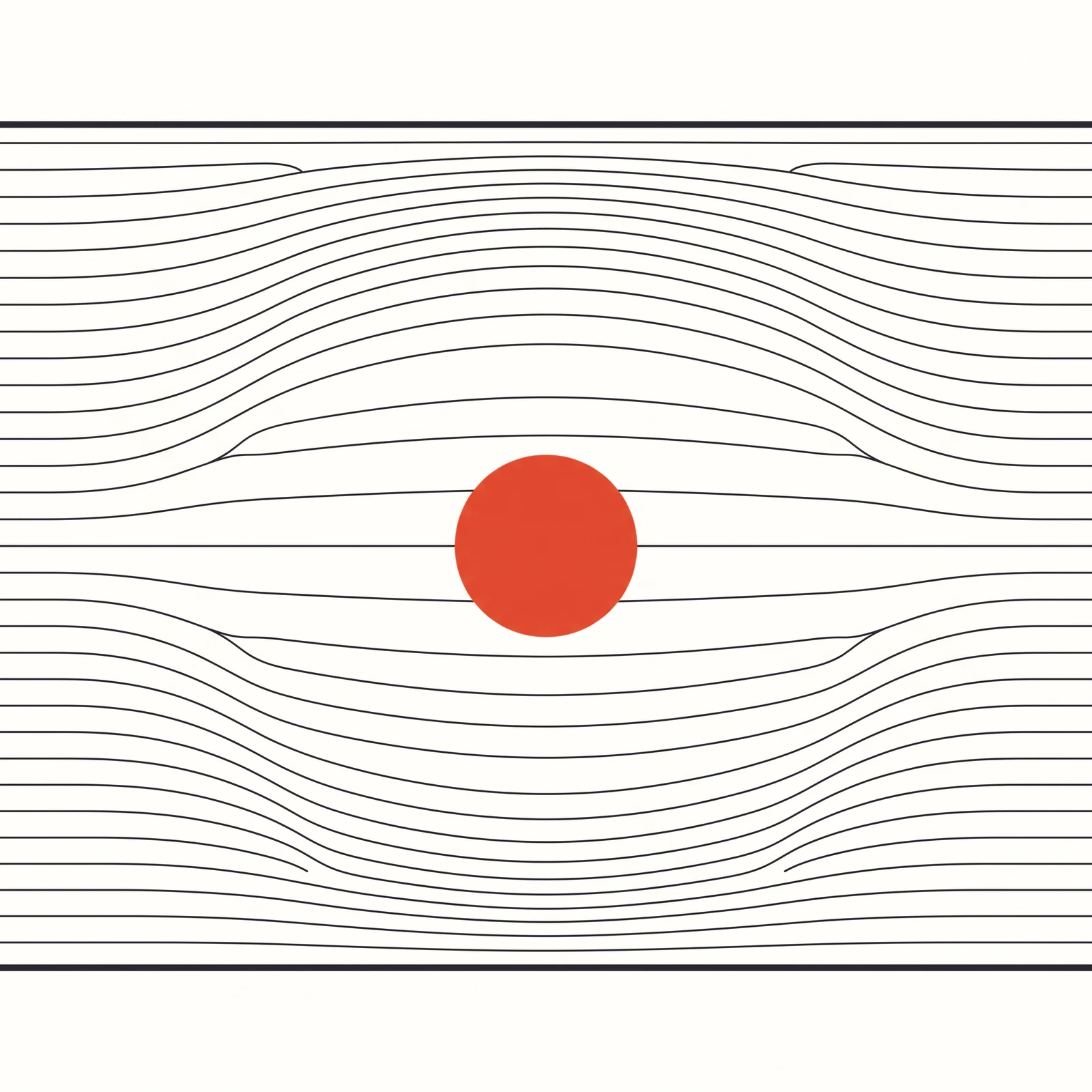 A field of horizontal lines displaced outward by a circle at the centre, every line clipped flat where it meets a heavy rule above and below.