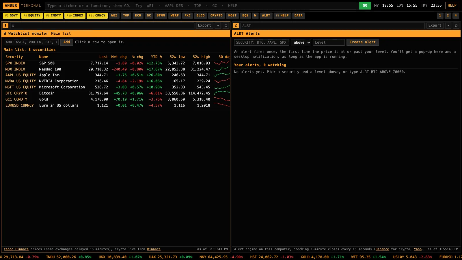 Amber Terminal with the watchlist and alerts screens side by side