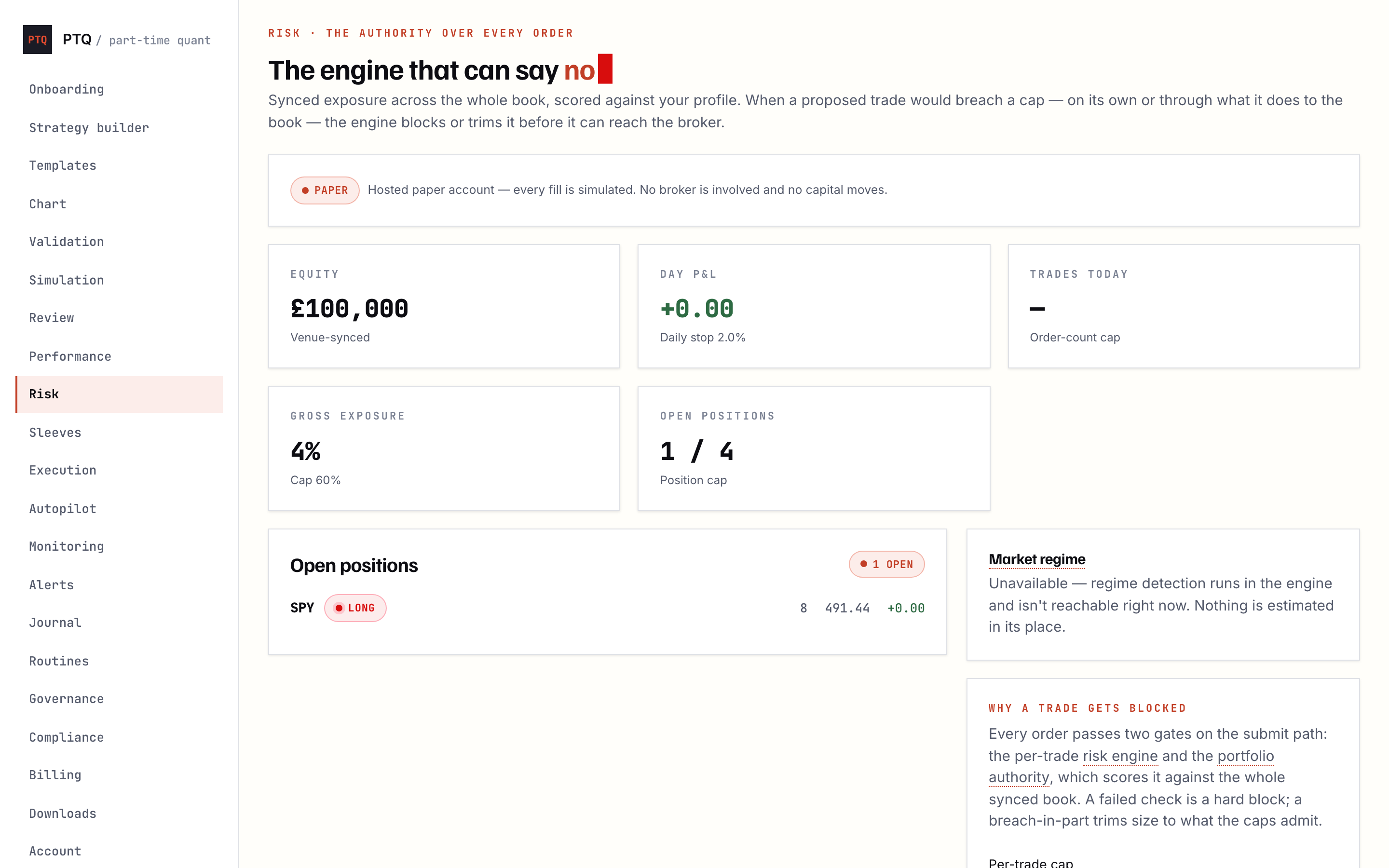 Risk — the same paper account, scored against your limits