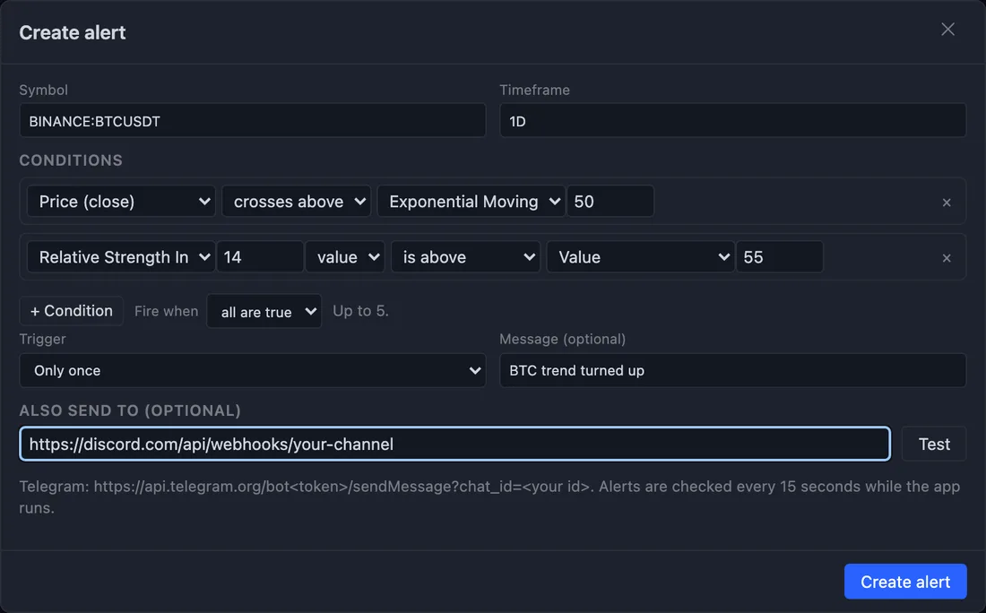 The create-alert dialog with two conditions and a Discord webhook