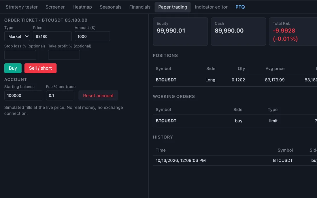 The paper trading ticket, account balance, an open position and a working limit order